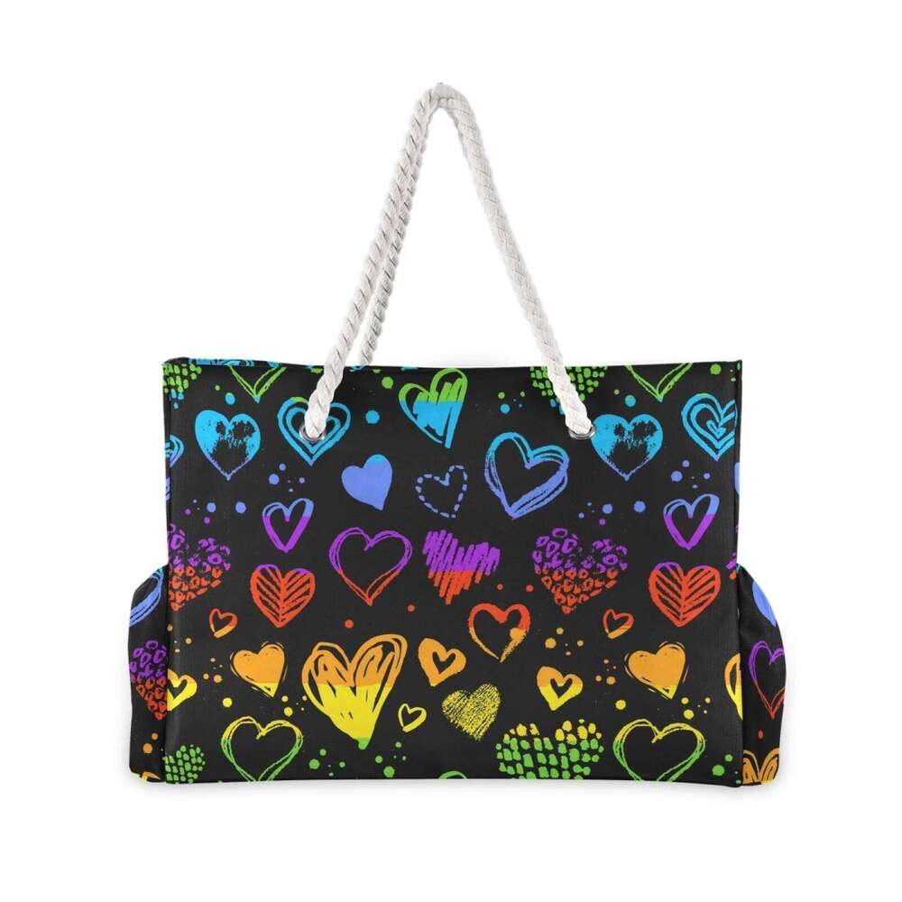 2025 New Rainbow Heart Polka Dot Women Shoulder Trendy Waterproof Tote Beach Bag Large Capacity Female Travel Shopping Bags