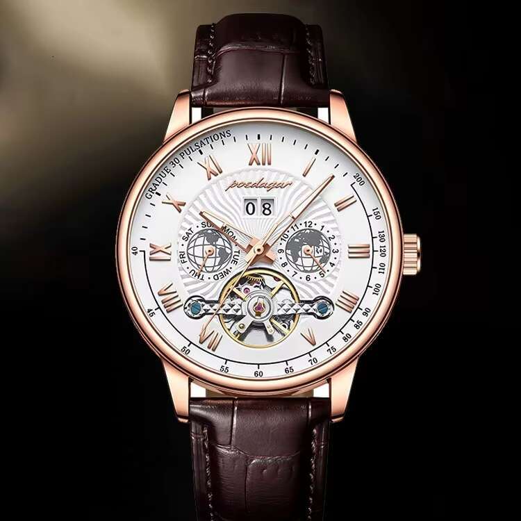 DHgargets POEDAGAR Men's Luxury Automatic Watch - Tourbillon, Calendar, Moon Phase, 50M Waterproof, Ultra-Thin 6mm, Genuine Leather Strap