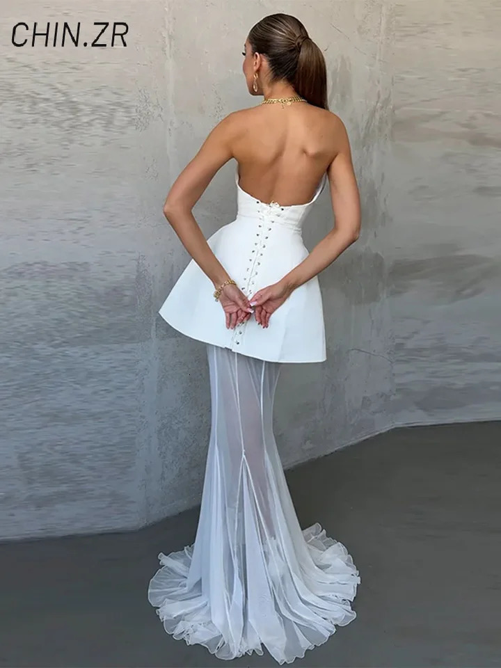 Elegant Strapless Top Fishtail Skirt Sets Women Bandage Sleeveless Backless Puffy Vests See Through Skirts Summer Lady Suit 250714