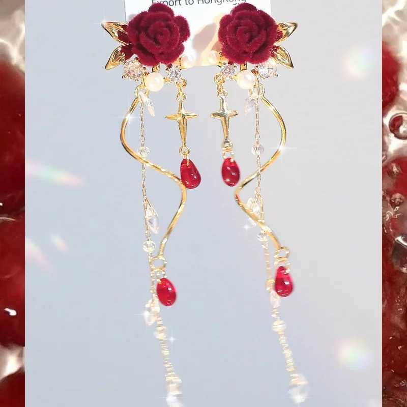 Luxury Crystal Velvet Rose Flower Tassel Earrings for Women Temperament Long Hanging Earrings Girls Bridal Party Wedding Jewelry XJ250722