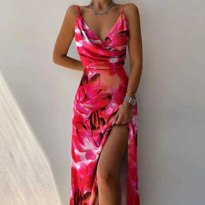 Summer Ele Suspender Tight Womens Dress Fashionable And Sexy V-neck Striped Print Slit Drawstring High Waist Long Skirt XJ250722