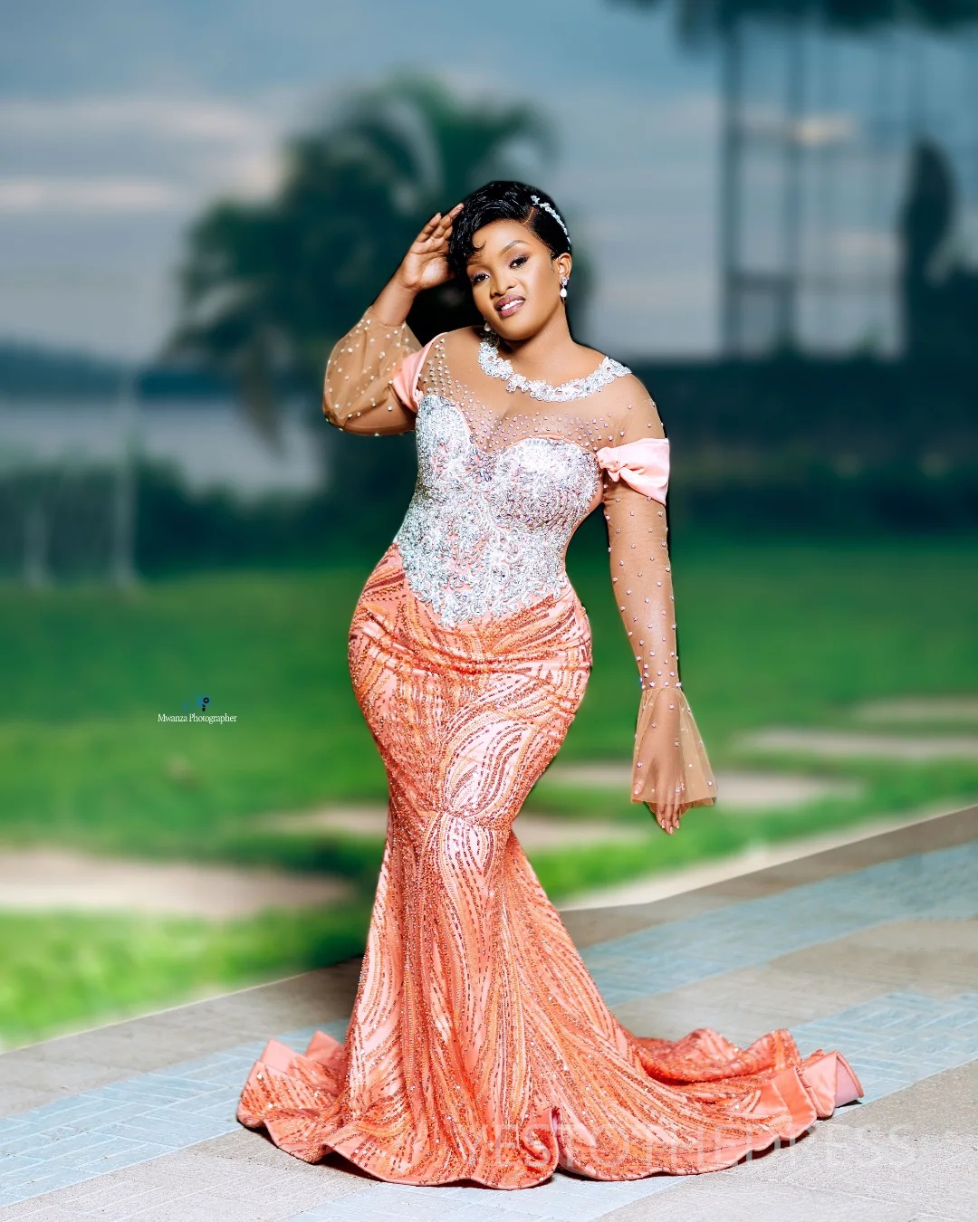 2025 Plus Size Coral Prom Dress For Black Women Mermaid Evening Dresses Robe De Soiree Sheer Neck Long Sleeves Beaded Lace Birthday Dress Second Recep