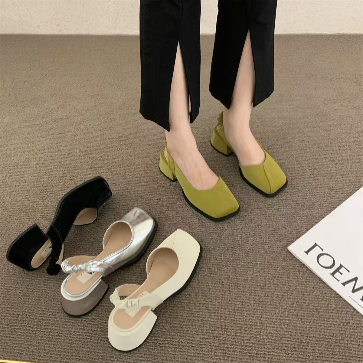 High Heels Women's French Square Thick Feet Spring and Automatic Single Mary Slim Shoes Sandals Treasure Head Half Trailer 230506