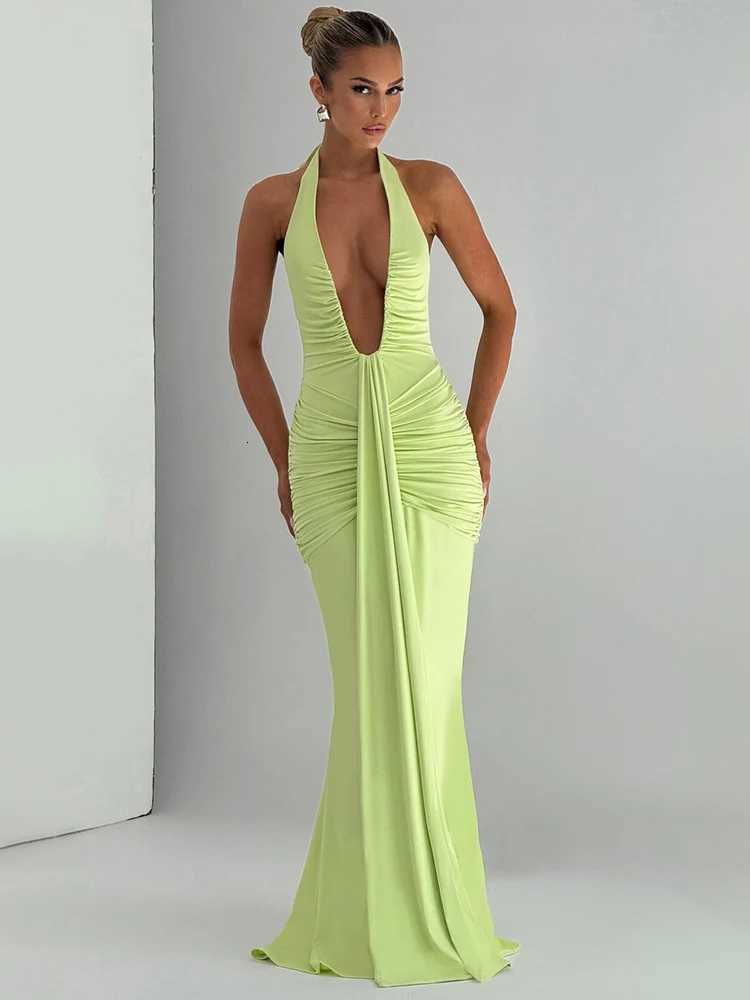 Mozision Deep V Neck Draped Ruched Sexy Maxi Dress Women Summer Fashion Halter Sleeveless Backless Club Party Long Dress XJ250722