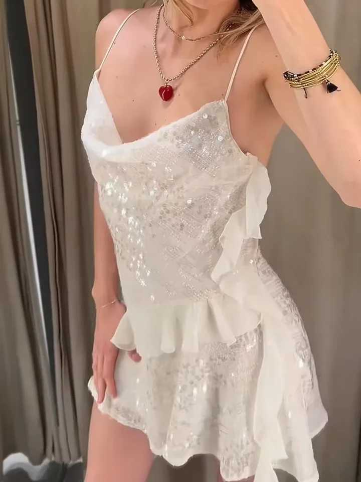 Ele White Sequin Dresses Womens 2025 Halter Neck Backless Vestidos Layered Ruffle V-neck Sleeveless Summer Party Prom Dress XJ250722