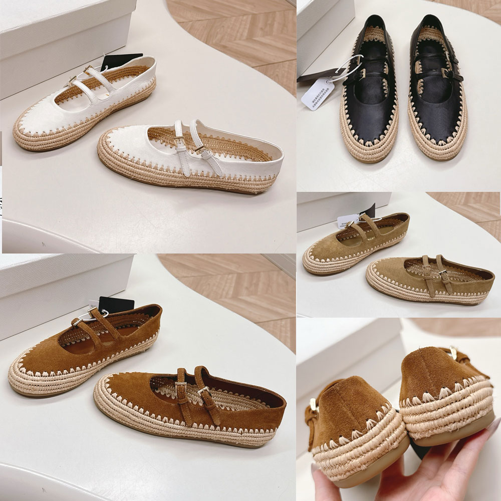 Nappa leather and raffia ballerinas Suede ballerinas 1F869N womens designer flats ballerina Suede and woven raffia upper Rubber sole summery fashion comfort