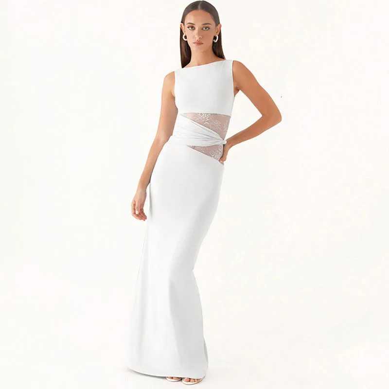 Apprabant Women Lace Splicing Solid Color Dress Round Neck Sleeveless Semi Transparent Hollow Out Twisted Waistband Dress XJ250722