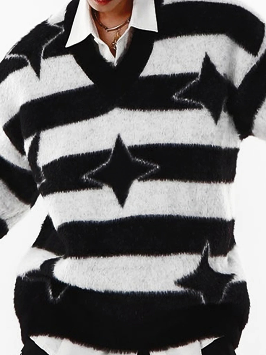 Men Warm Sweater Lightweight Striped Print V Neck Knitted Jumper Fall Casual Pullovers Tops for Streetwear 250717
