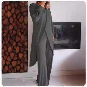 Women's Long Sleeve Wide Leg Pants Irregular Fashion Loose Casual Cross Large Size Two-Piece Set B5