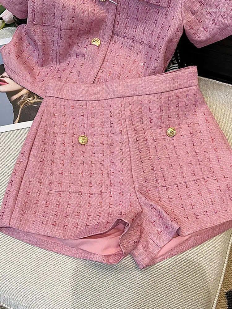 Lanjia- Women's Two Piece Pants BAFU Summer Pink Tweed 2 Set Women Short Sleeve Jacket Wide Legs Shorts Suit Runway Celebrity Coat Clothes 003P F