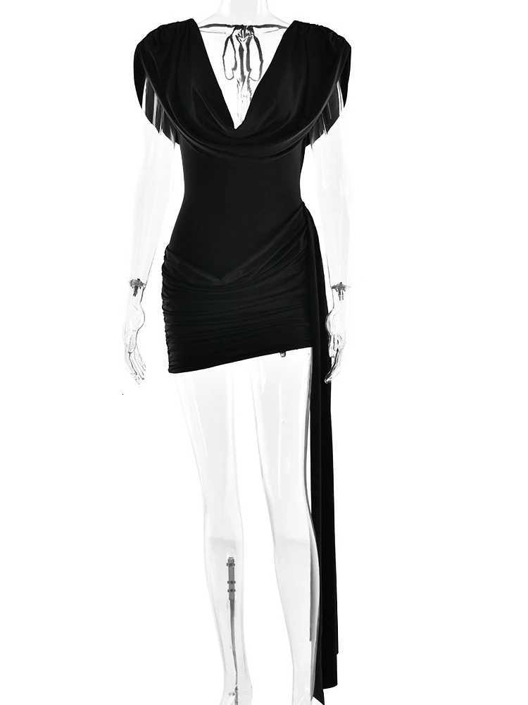 Julissa Mo Sexy Deep V-neck Draped Mini Dress Women White Sleeveless High Waist Ribbon Dress Summer Slim Ele Party Clubwear XJ250722