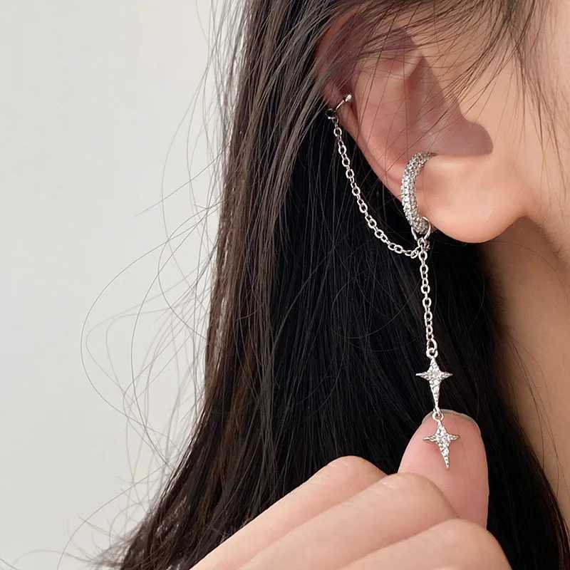 Shiny Silver Color Crystal Tassel Non-Piercing Cuff Ear Clip Earring For Women Rhinestone Star Fake Cartilage Piercing Jewelry XJ250722
