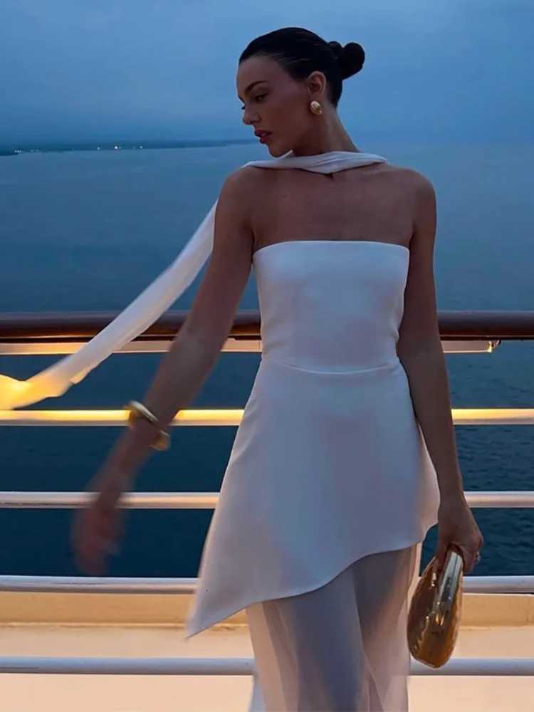 Ele White Mesh Splicing Slim Women Strapless Dress Chic Scarf Neck Off Shoulder High Waist Long Dresses for Women Party Dresses XJ250722