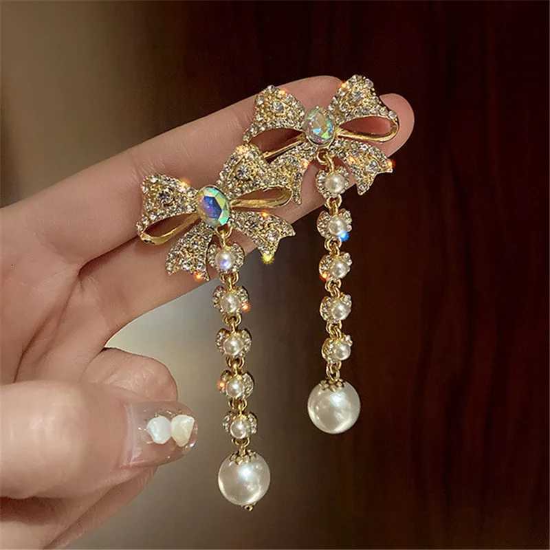 Bowknot Rhinestone Dangle Earrings for Women Long Tassel Pearl Earrings Weddings Party Jewelry XJ250722