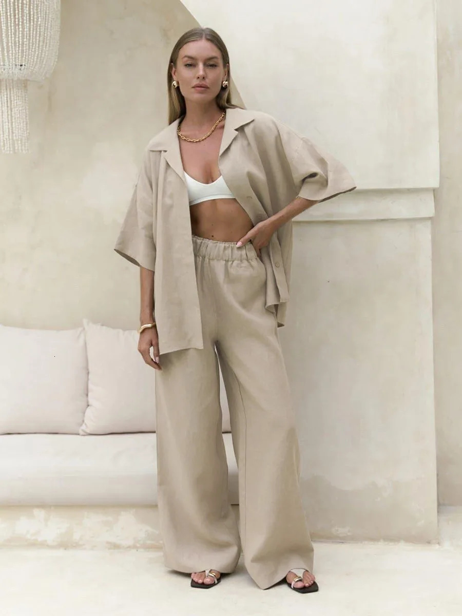 Bornladies Summer 100% Cotton Short Sleeved Pants Set Womens Loose Solid Color Short Sleeved Shirt Pants Casual 2-piece Set 250714