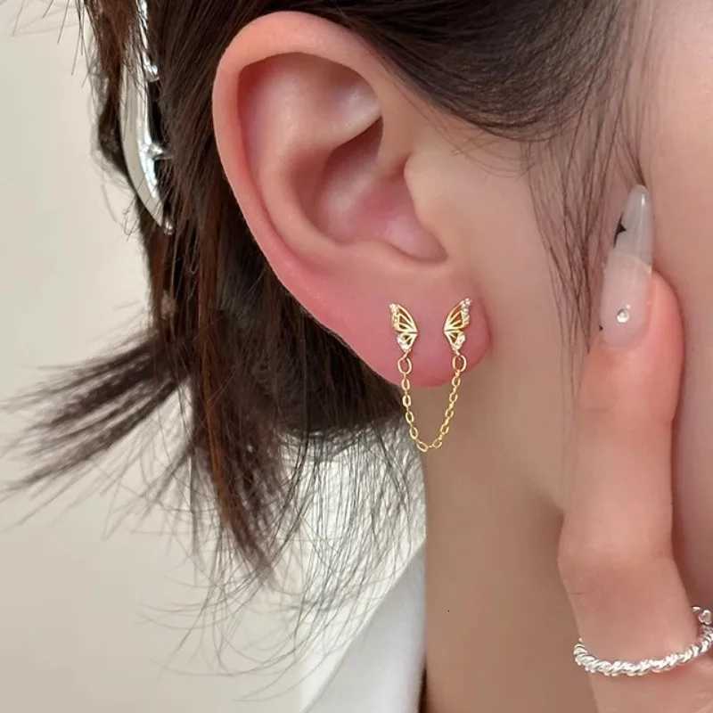 Fashion Silver Color Hollow Butterfly Stud Earrings for Women Girl Simple Double Ear Hole Tassel Chain Earrings Jewelry Gift XJ250722