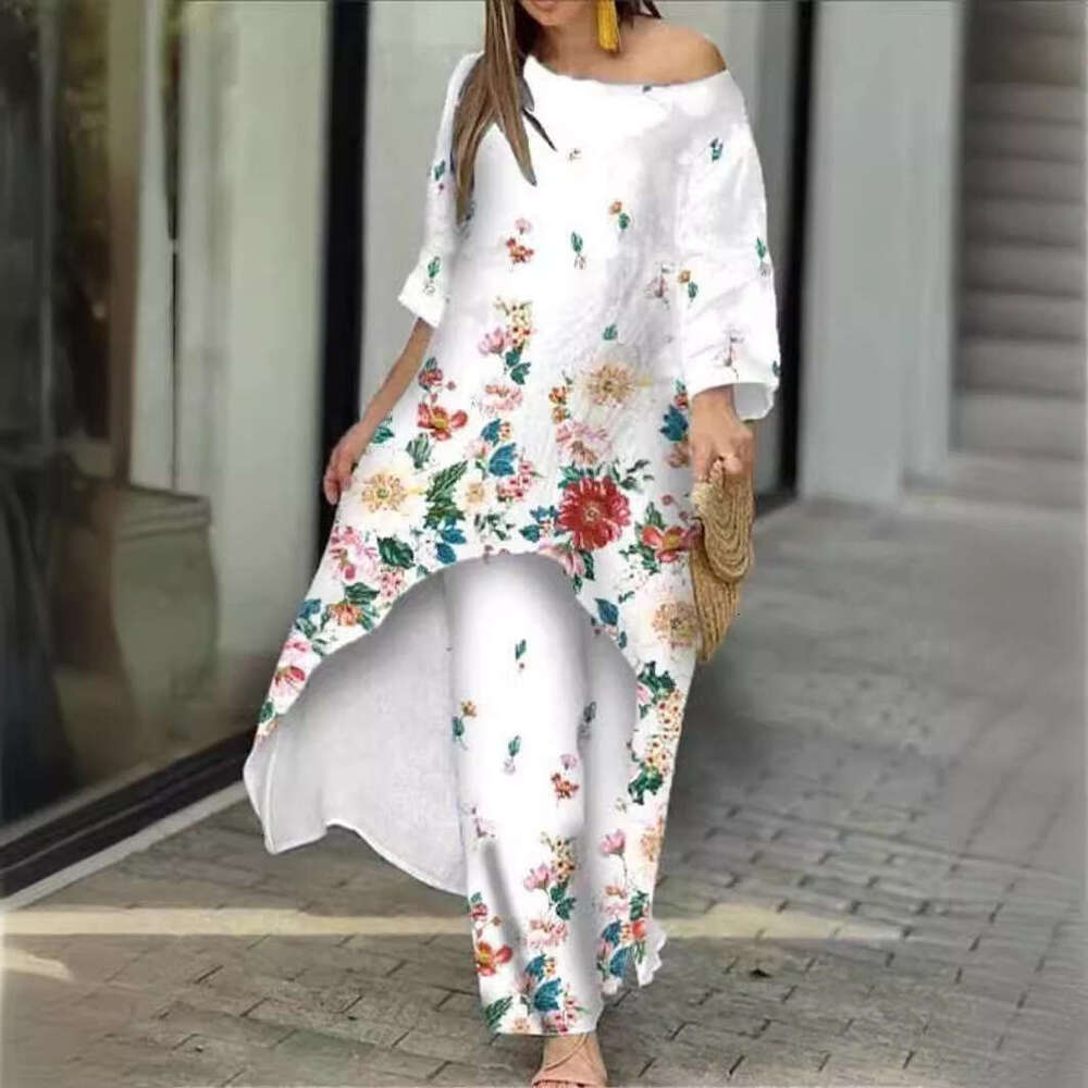 New Women's Fashion Casual Loose Irregular Print Nine-Quarter Sleeve Sunscreen Shirt Wide-Leg Pants Set B5