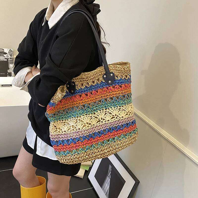 2025 New Fashion Summer Beach Vintage Woven Straw Handbag Rainbow Color Female Shoulder Vacation Tote Bag