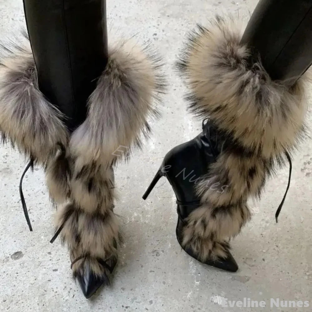 Furry Cross Straps Ankle Boots Women Black Leather Pointed Toe Stiletto Heel Mid Calf Boots Winter Catwalk Party Boots 250717