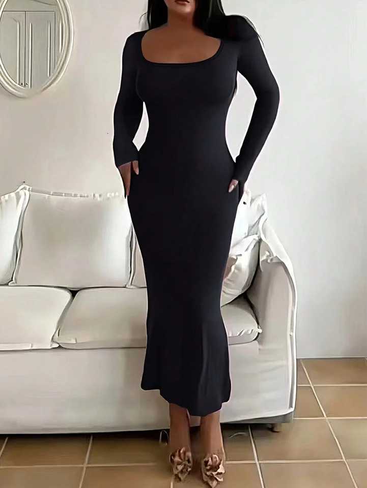 Womens Solid Long Sleeve Bodycon Dress Chic Basic Minimalist Casual Fashion Scoop Neck Long Dress Womens Wear XJ250722