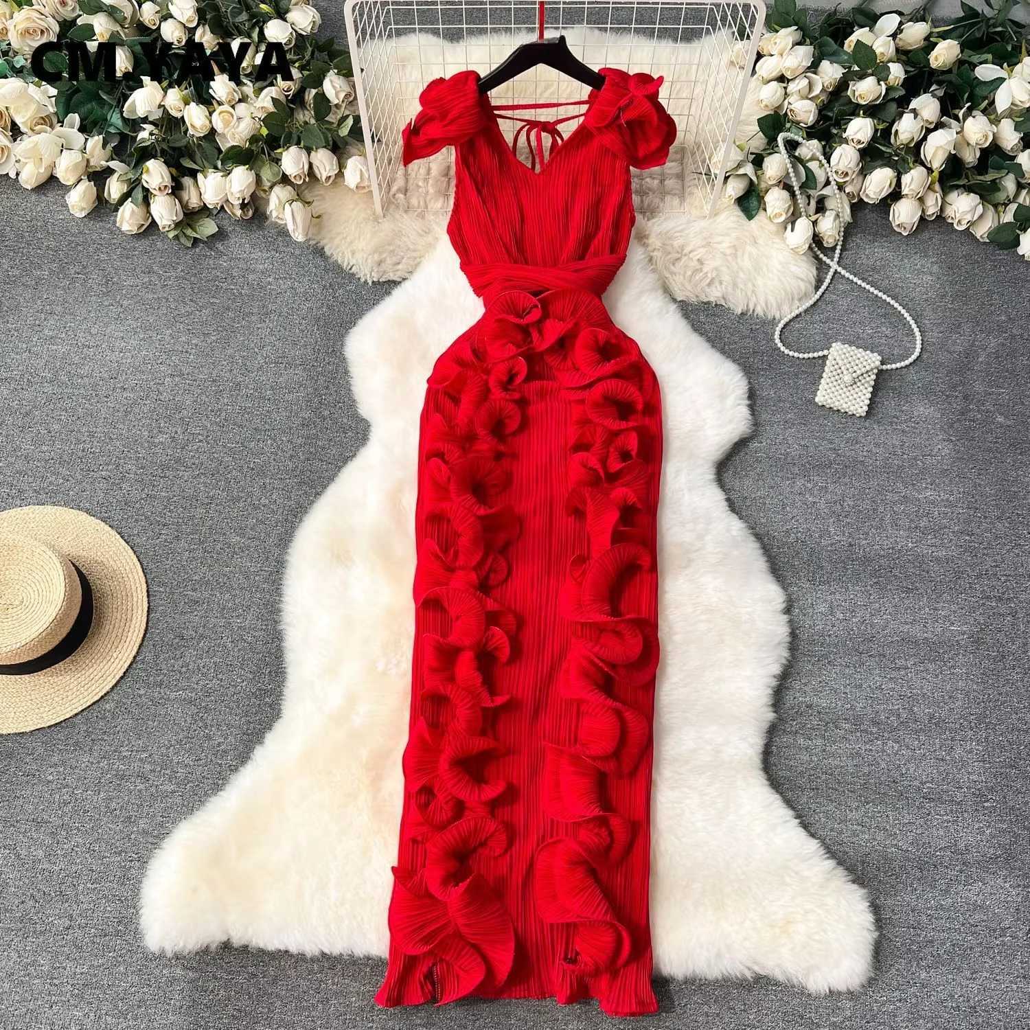 2025 CM.YAYA Women Ruffles Splicing V-neck Sleeveless Bodycon Midi Pleated Maxi Long Dress Birthday Sexy Club Party Even Dresses XJ250722