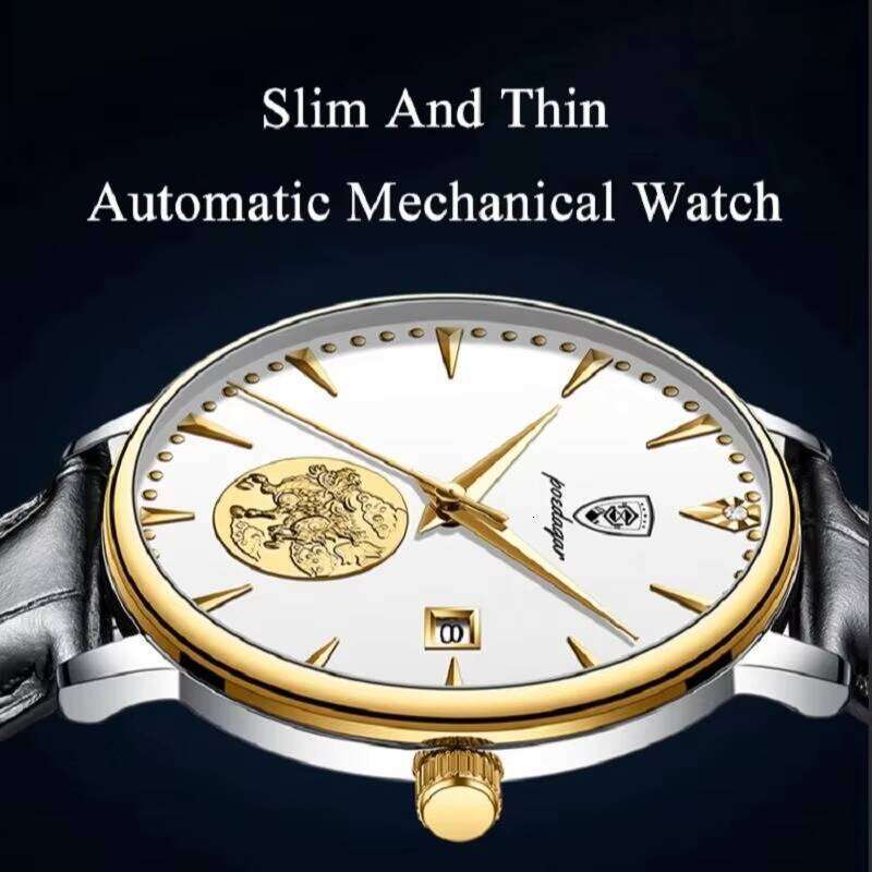 DHwatches POEDAGAR Men's Luxury Automatic Watch - Ultra-Thin 10mm, Skeleton Dial, Moon Phase, 50M Waterproof, Genuine Leather Strap