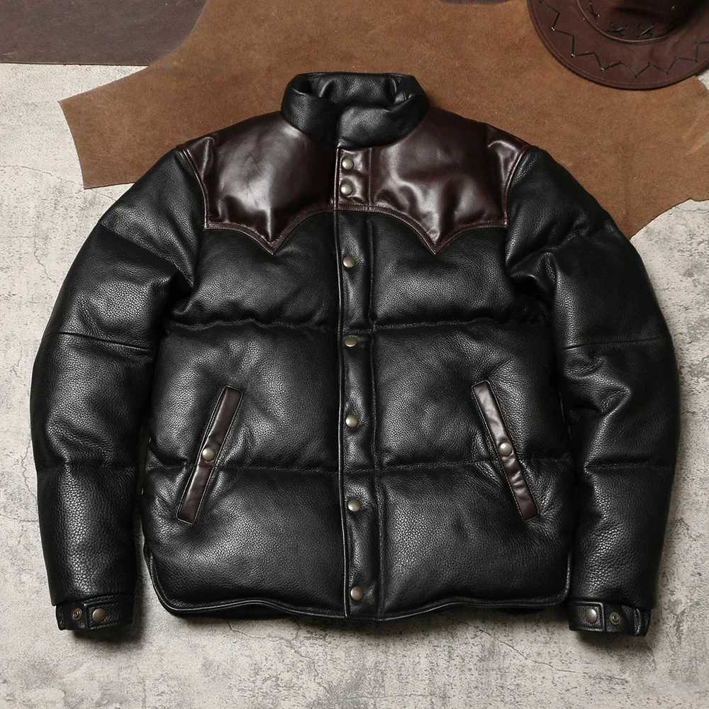 Winter Extra Thick Leather Down Bread Jacket Mens Vintage Leather Jacket Warm Jacket with Cowhide and Duck Down W250722