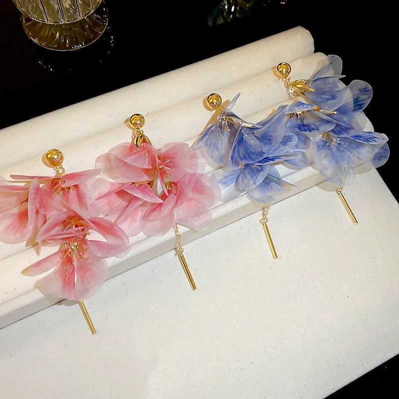 Pink Flowers Mesh Long Tassel Earrings For Women Sweet Temperament Crystal Drop Dangle Earrings Party Wedding Jewelry Wholesale XJ250722