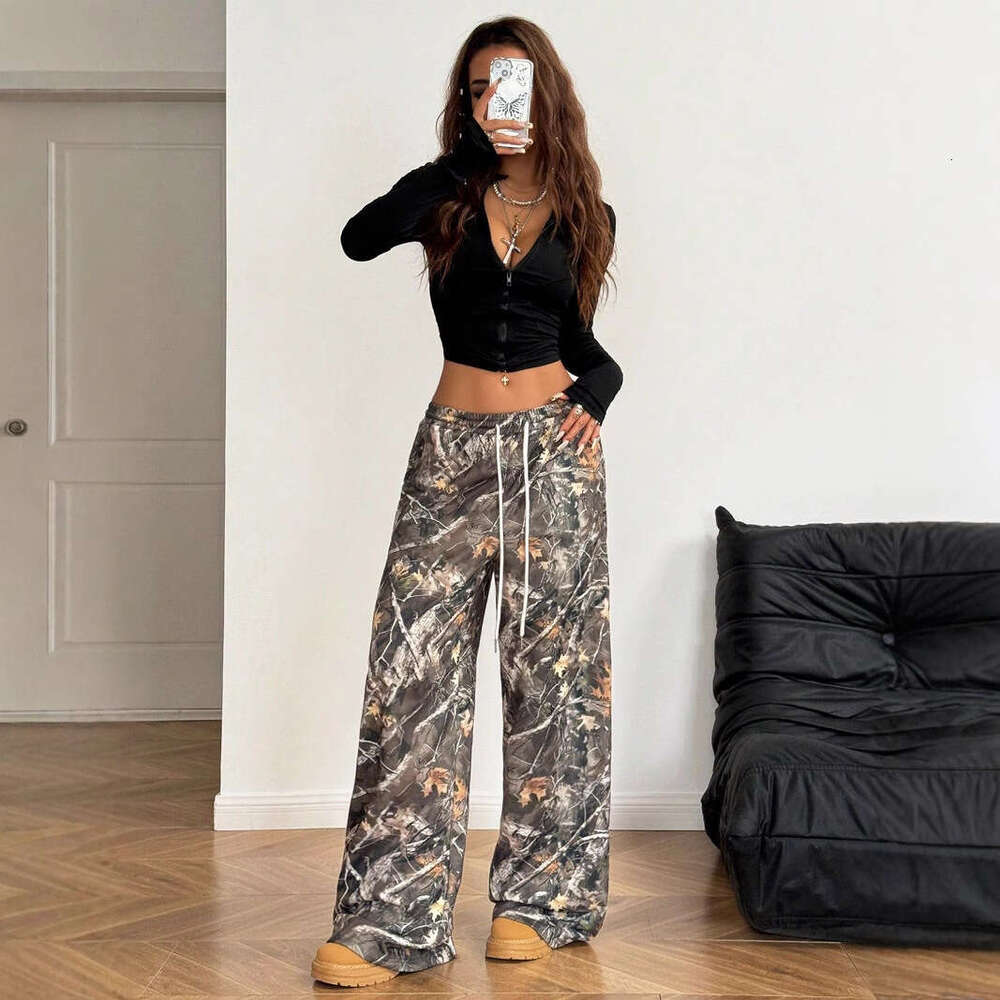 American Style Youth Women's Fashion Casual Elastic Waist Camouflage Print Slimming Wide-Leg Floor-Length Pants B5