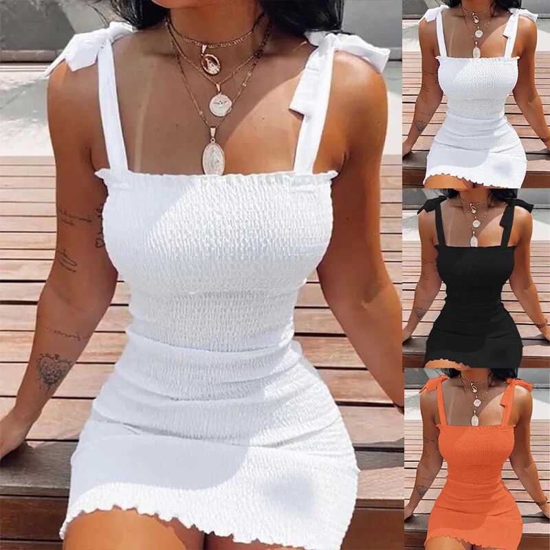 Trendy Solid Strap Short White Dresses Off Shoulder Sexy Skirt Pullover Sheath Mini Summer Beach Vest Dress XJ250722