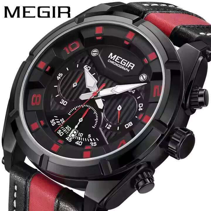 MEGIR Men's Sports Chronograph Watch - Waterproof, Luminous, Calendar, Leather Strap, Quartz Movement