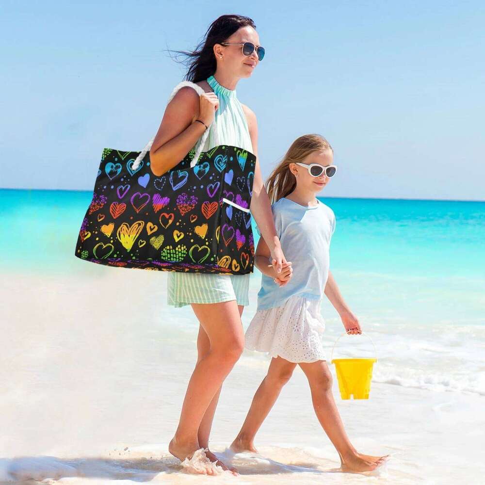 2025 New Rainbow Heart Polka Dot Women Shoulder Trendy Waterproof Tote Beach Bag Large Capacity Female Travel Shopping Bags