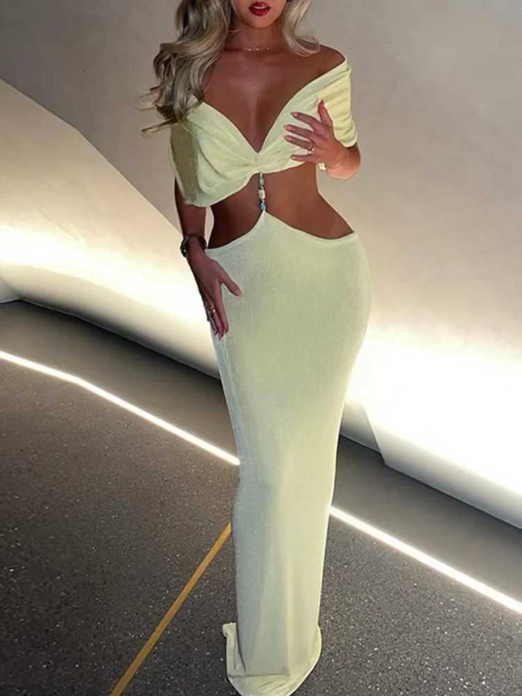 2025 Spring Summer Sexy Party Clubwear Women Ele Strapless Hollow Waist Maxi Dress Fashion Backless Pleated Bodycon Dress XJ250722