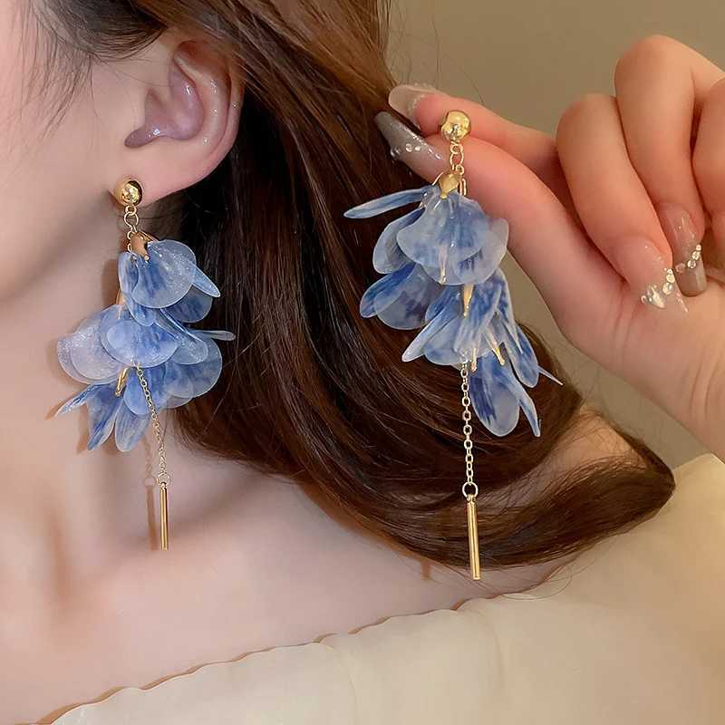 Pink Flowers Mesh Long Tassel Earrings For Women Sweet Temperament Crystal Drop Dangle Earrings Party Wedding Jewelry Wholesale XJ250722