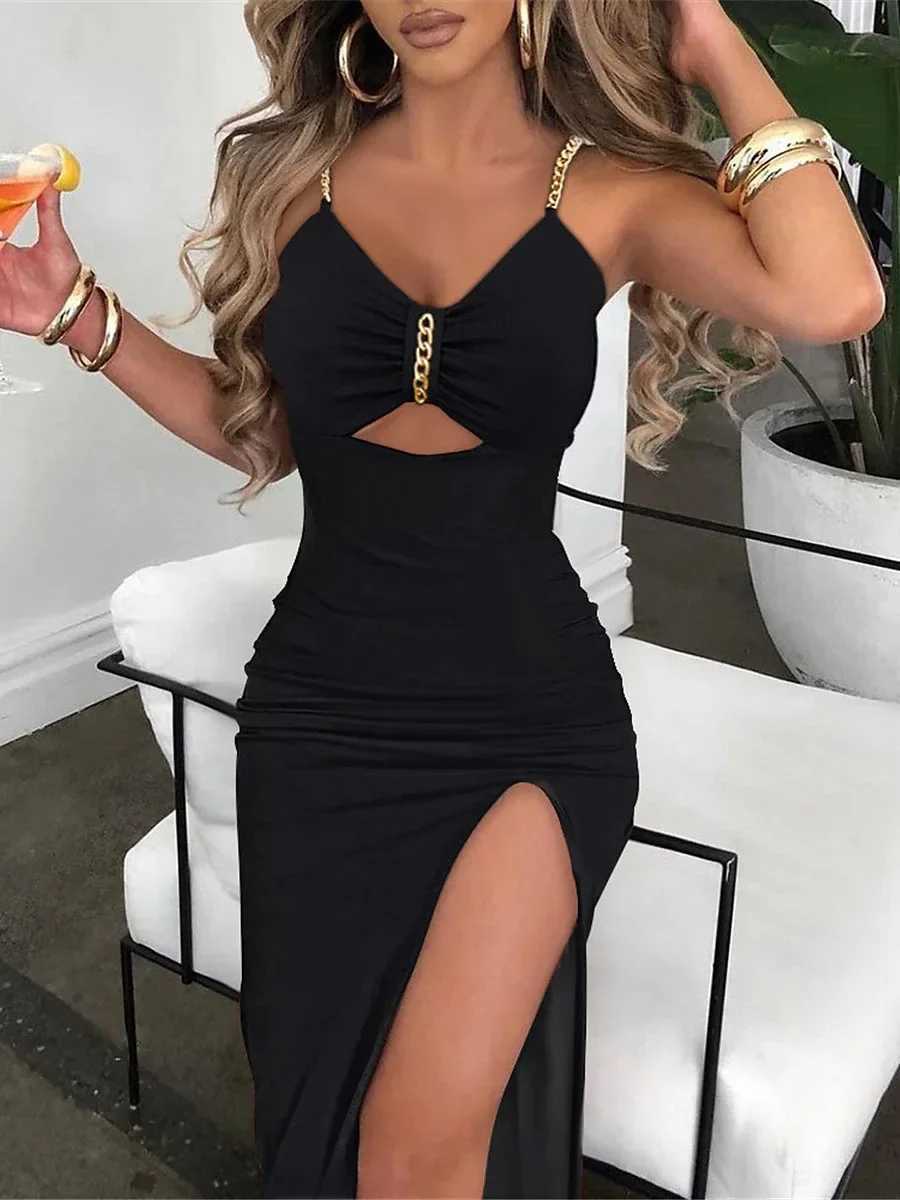 Women Side Split Chain Hollow Sheath Sleeveless V-neck High Waist Sexy Slim Dress XJ250722