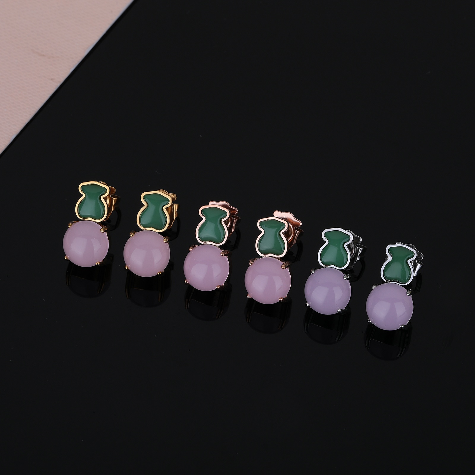 Fashion Women Men Girls Bear Silver Rose Gold Stainless Steel Round Animal White Pink Bead Round Span Stud Earrings Jewelry