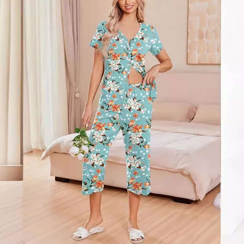 New Women's Pajamas Short Sleeve Top And Capri Pants Printed Pajama Set With Pockets B5