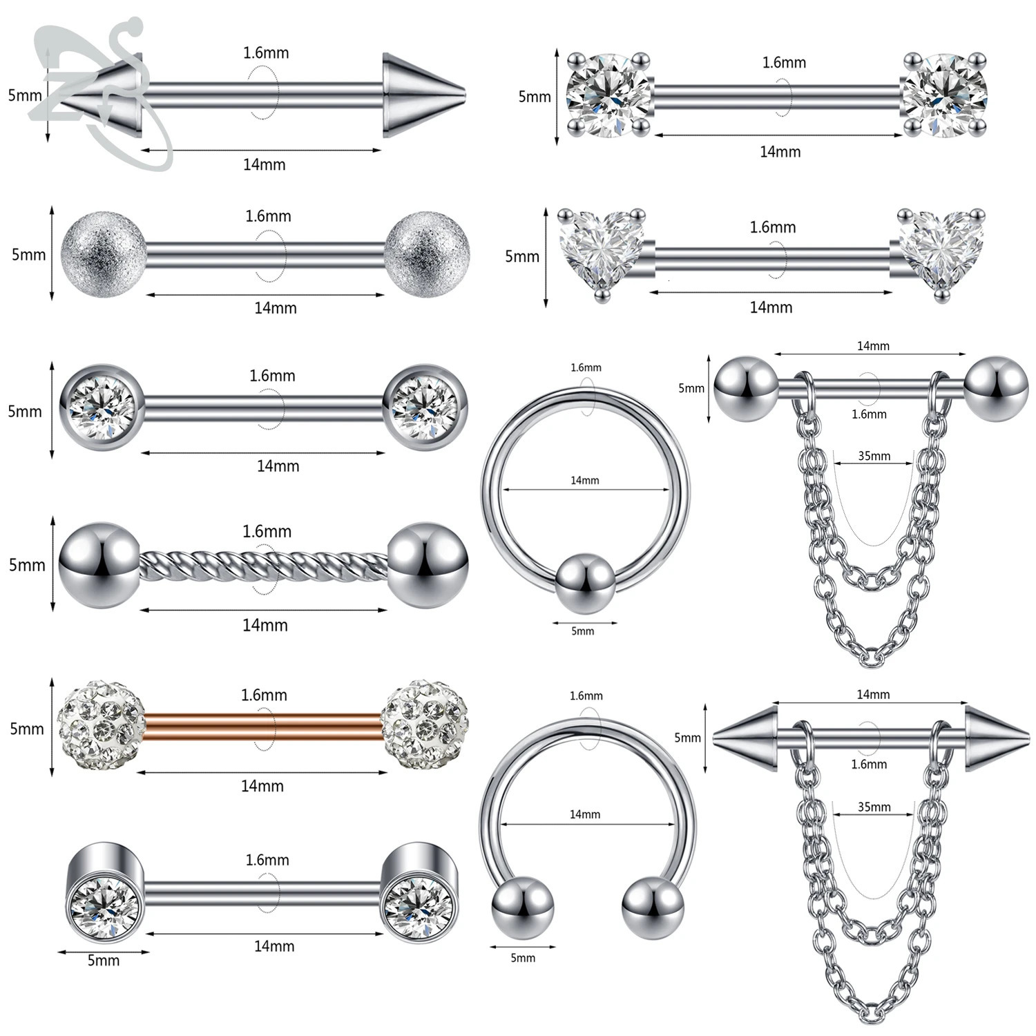 ZS 2 Pcs/lot Heart Crystal Nipple Piercings Men Women Tassel Drop Stainless Steel Nipple Ring Barbell Body Piercing Jewelry 14G 250722