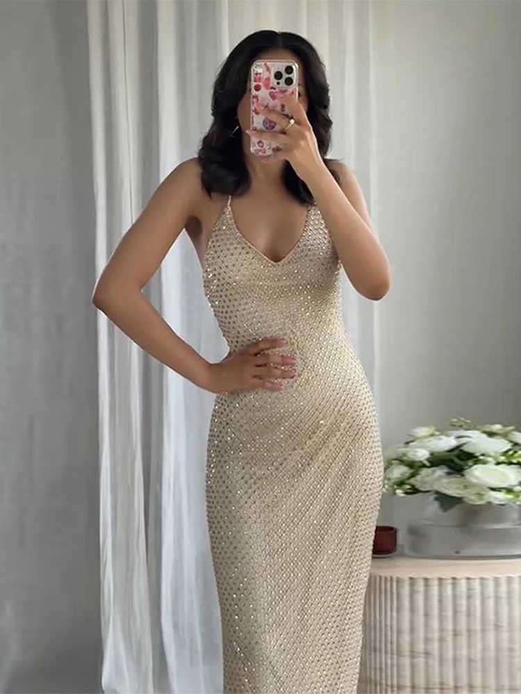 Sexy Sequined Sling Long Dress Women Solid Slim Sleeveless Backless Shiny Dresses 2025 Summer Lady Fashion Party Gowns XJ250722
