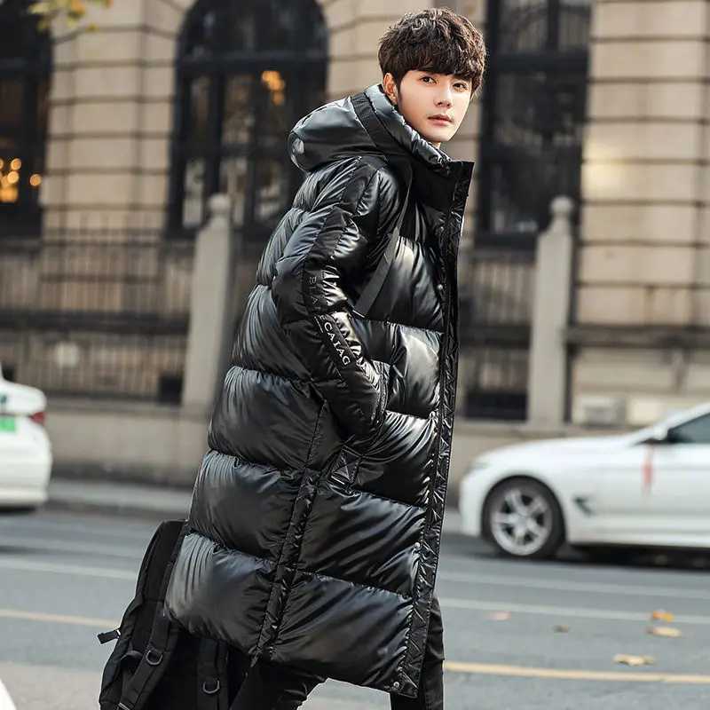 Fashion Men Down Jacket Long Parka Coat 90% White Duck Down Coat Men Winter Outerwear Glossy Jacket Hooded Thick Warm Overcoat W250722