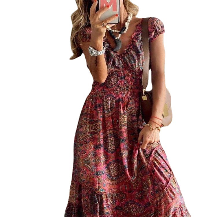H7210New West Mia retro dress long dress waist floral print big swing dress