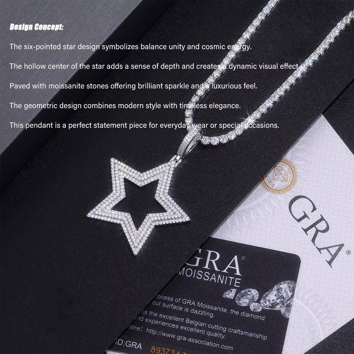 Star Moissanite Pendant Necklace 925 Sterling Silver 18K Gold Plated Full Moissanite Pave Modern Hip Hop Streetwear Style