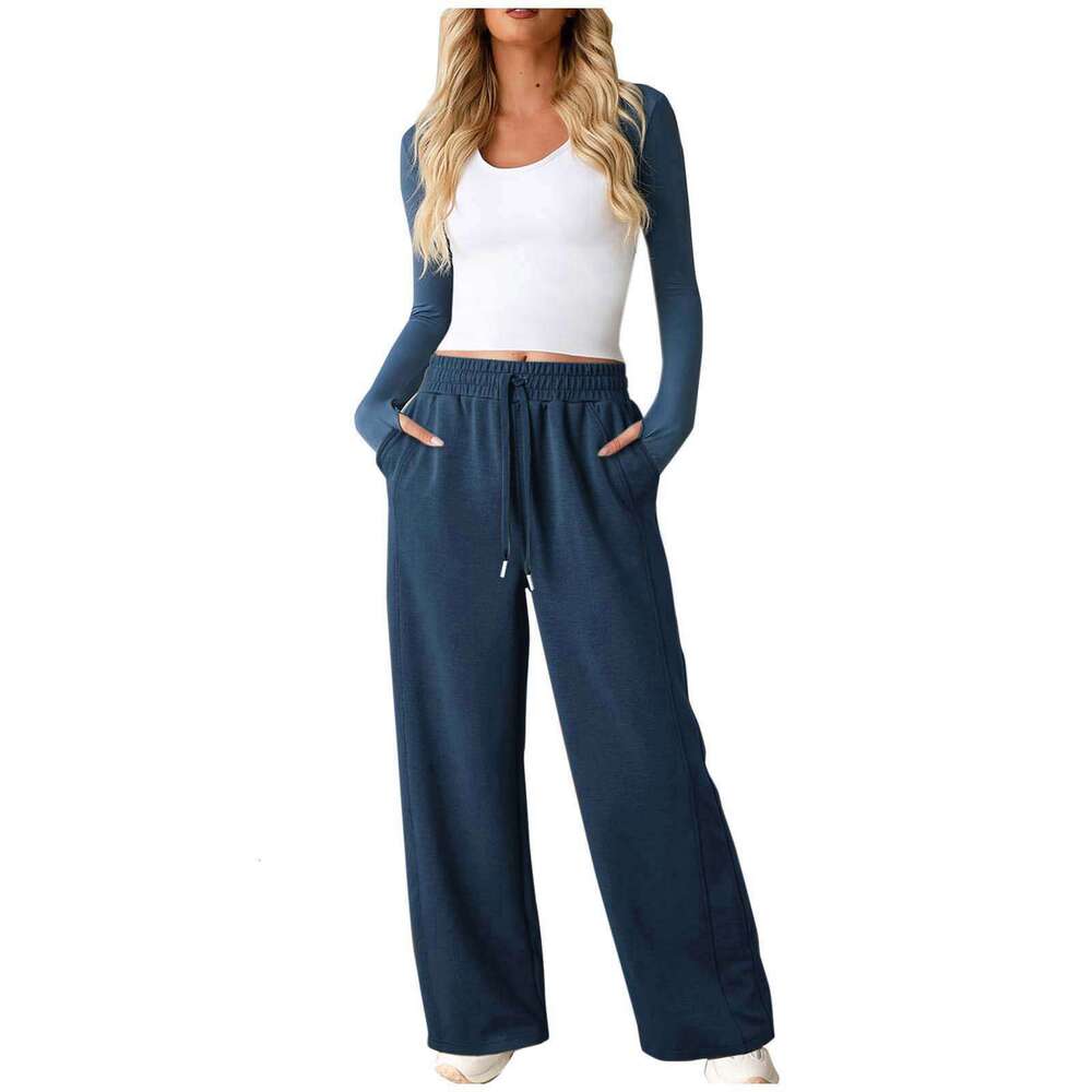Women's Flowy Casual Straight Elastic Waist Drawstring Wide-Leg Pants B5