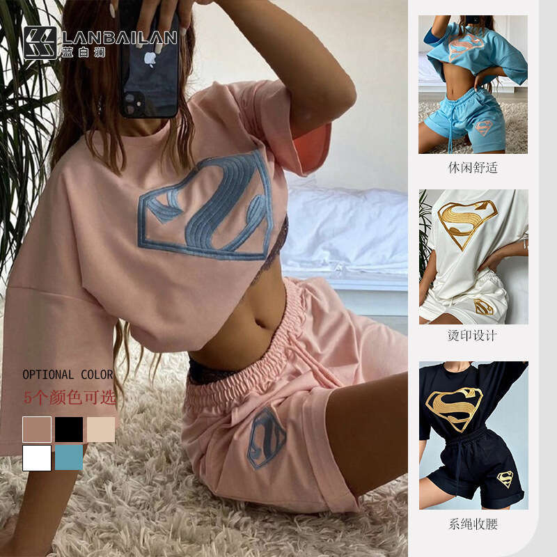 Women's Summer New Embroidered Sports Casual Shorts And Sweatshirt Set B5