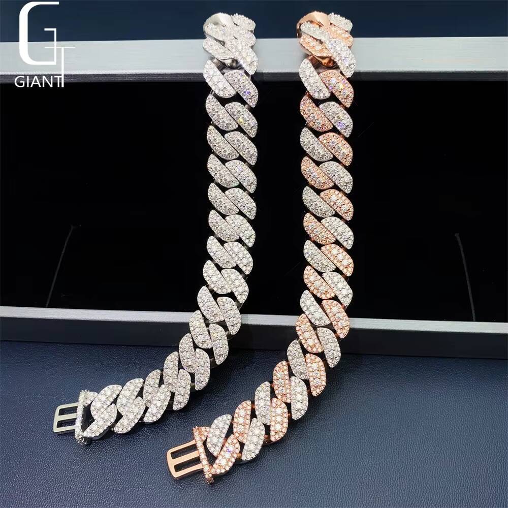 HIP HOP New Design Cuban Jewelry 925 Sterling Silver VVS Moissanite Diamond Two Color Cuban Link Chain Necklace Bracelet Unisex