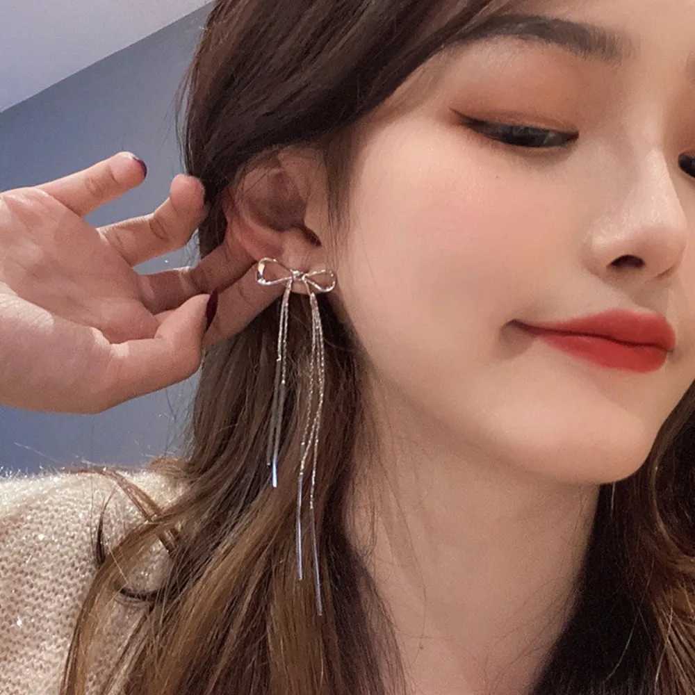 Temperament Stainless Steel Ribbon Long Tassel Bowknot Drop Earrings for Women Charm Party Jewelry Korean Fashion Gift XJ250722