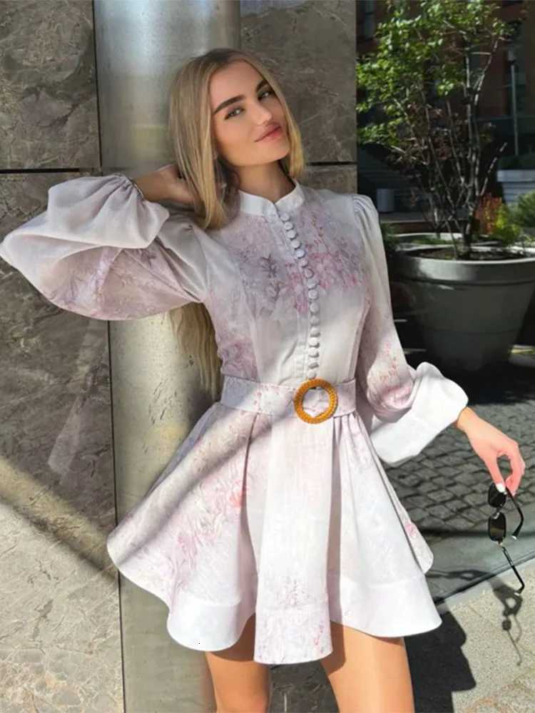 Ele Womens Printed Dress Long Sleeve O-Neck Button Lady Dresses With Belt 2025 Summer Fashion Fe Vestidos Party XJ250722