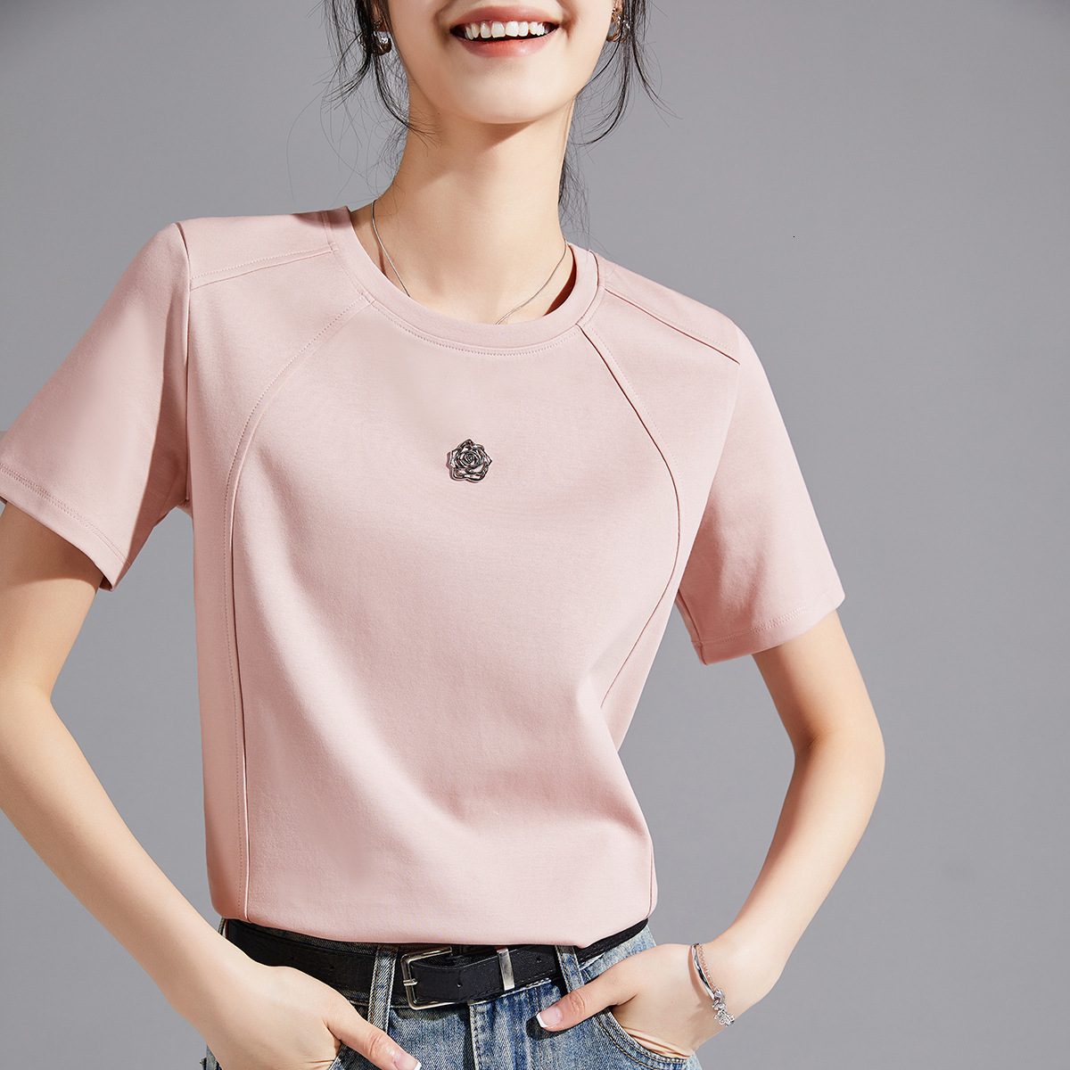 Camellia Liquid Ammonia White Short Sleeve Regular Shoulder TShirt for Women 25 Summer Mercerized Cotton Round Neck Base Shirt Womens TShirt Half Slee