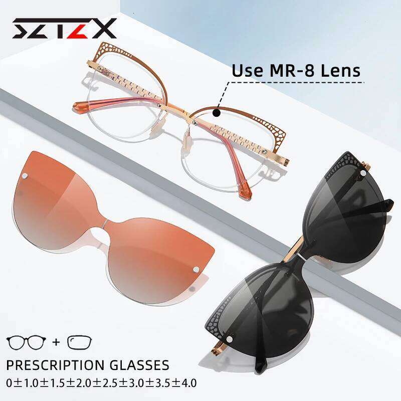 SZTZX Rimless Metal Cat Eye Magnet Clip On Reading Women Hyperopia Myopia Prescription Glasses with Polarized Sunglasses