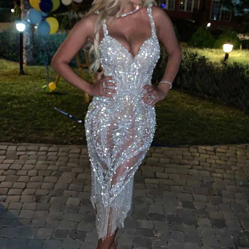 Lady Deep V Strapless Tight Sequin Dress Chic Tassel Hip Wrap Club Dress Summer Sexy Sleeveless Slim Solid Evening Dress Vestido XJ250722